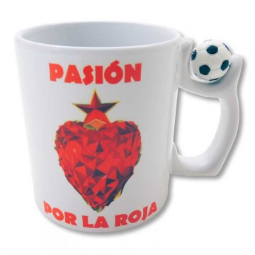 Taza blanca con asa en forma fútbol